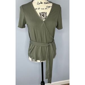 Brand New Brea Canyon Women's Small Olive Green Ribbed Knit Blouse Top Belted